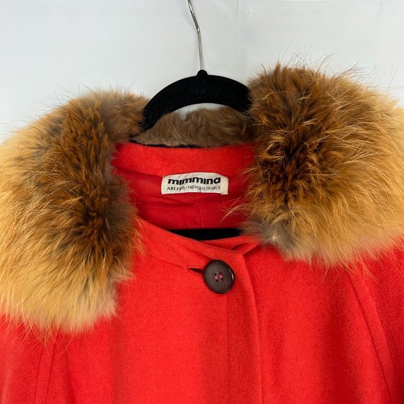 Vintage Red italian 60s swing wool coat with real fur collar S/M - Picture 7 of 9